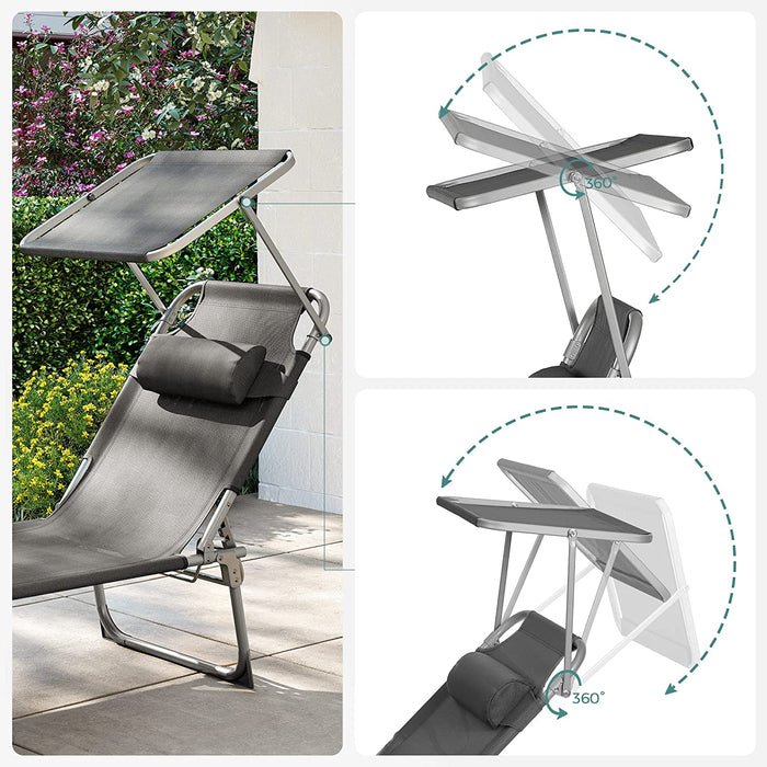 Sonnenliege, Liegestuhl, Gartenliege, mit Kopfstütze und Sonnendach, Rückenlehne verstellbar, leicht, klappbar, 53 x 193 x 29,5 cm, bis 150 kg