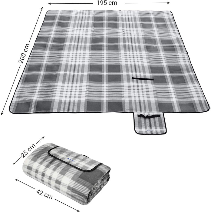 Picknickdecke, 195 x 200 cm, große Stranddecke, Campingdecke, für Outdoor, Camping, Park, Garten, Strand, wasserfeste Unterseite, faltbar, grau-weiß