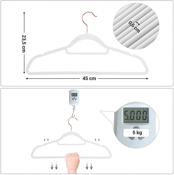 Samt-Kleiderbügel, 50 Stück, Anti-Rutsch, Jackenbügel, drehbarer Haken in Roségold, Dicke 0,6 cm, platzsparend, 45 cm lang, für Jacken, Hemden, Röcke, Hosen, Krawatten, weiß