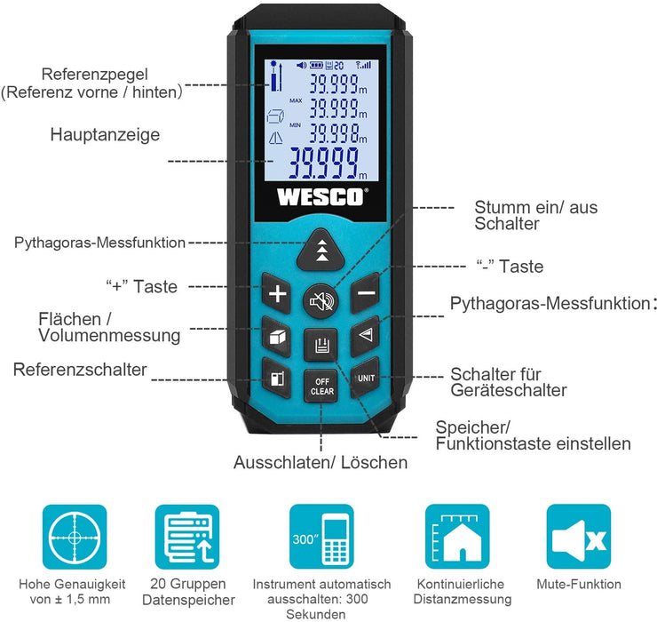 Laser Entfernungsmesser, WESCO Distanzmessgerät, Messbereich 0.03~40m/±1.5mm, Messeinheit M/In/Ft, 20 Datenspeicherfunktion, Automatische Berechnung