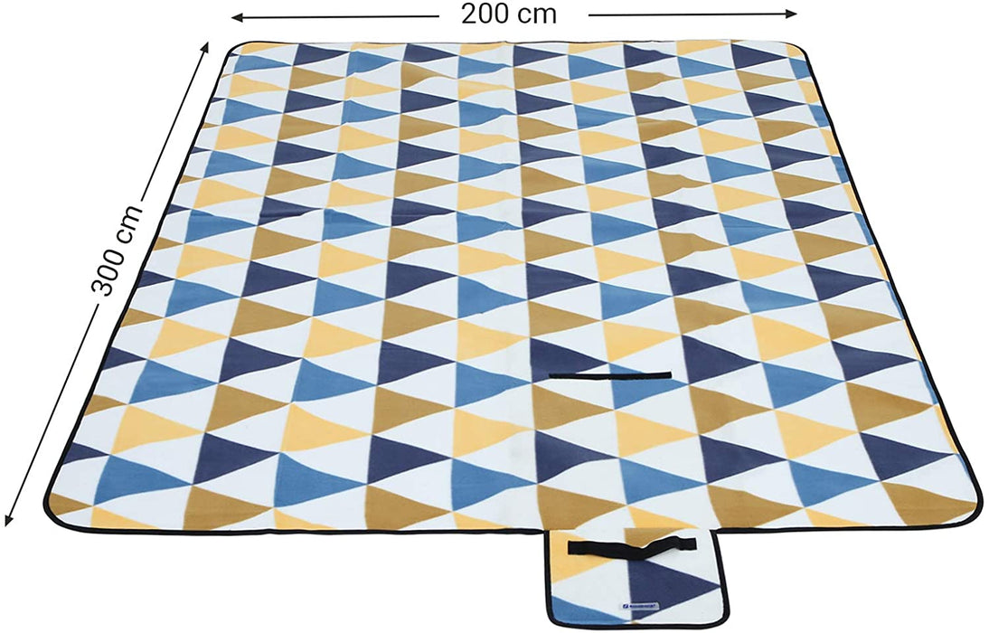 Picknickdecke, 300 x 200 cm, Stranddecke, für Outdoor, Camping, Park, Garten, wasserfeste Unterseite, faltbar, gelbe und Blaue Dreiecke