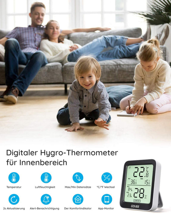 Thermometer Hygrometer, Mini LCD Digital mit Benachrichtigungs Alarm, Hygrometer Temperatur mit APP, Datenspeicherung für Gewächshaus Weinkeller