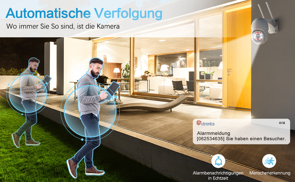 PTZ Überwachungskamera Aussen,1080P Kabellose IP WLAN Outdoor Kamera mit Automatische Verfolgung, 30m Nachtsicht in Farbe, 2-Wege Audio, IP66