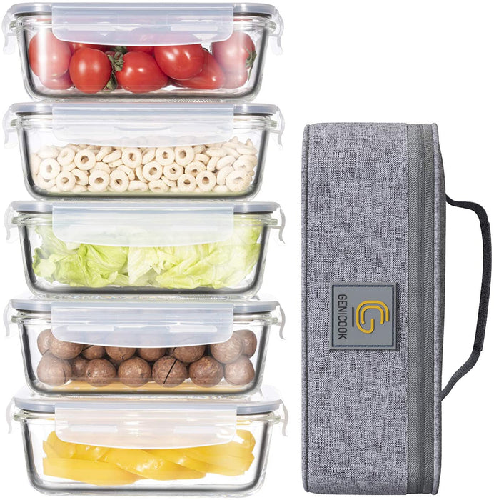 Lunchbox Bento Brotdose mit Lunchtasche/Frischhaltedosen Glas perfekt für Meal Prep - BPA frei für Home Küche oder den Gebrauch unterwegs(5 * 840ml)