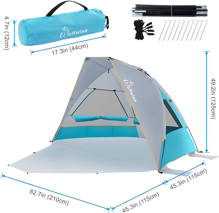 Schnellaufbau 2-3 Personen Strandmuschel, UPF 50+ UV Schutz Baby Familien Koffer Strandzelt Sonnenschirm Kleines Packmaß Tragbar Blau