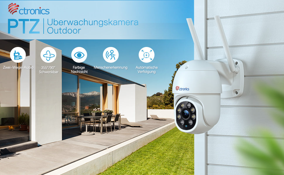 PTZ Überwachungskamera Aussen,1080P Kabellose IP WLAN Outdoor Kamera mit Automatische Verfolgung, 30m Nachtsicht in Farbe, 2-Wege Audio, IP66