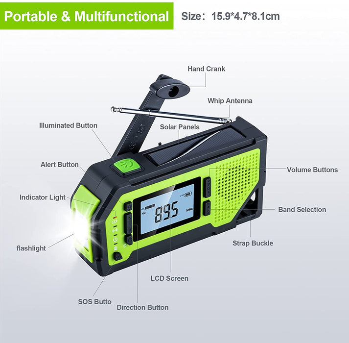 Kurbelradio mit LCD-Display und 2000mAh Wiederaufladbare Batterie Solar Radio Tragbar Notfallradio mit Handkurbel Solar Power Bank Aufziehbares Licht mit SOS Alarm Karabiner Kopfhöreranschluss