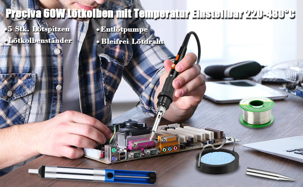 Lötkolben Set, Preciva 60W Lötkolben mit Temperatur Einstellbar 220-480°C, 5 Stk. Lötspitzen, Entlötpumpe, Lötkolbenständer, bleifrei Lötdraht, Lötset