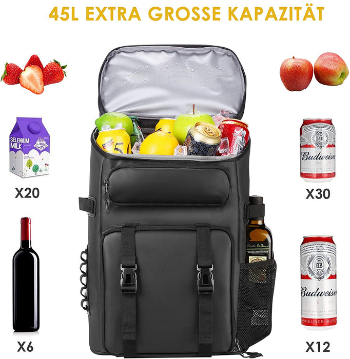 45L Kühltasche, Picknickrucksack, Lunchtasche, Thermotasche, Isolierrucksack für Lebensmitteltransport, Rucksack schwarz