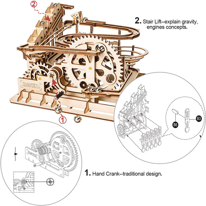 Kugelbahn Bausatz Murmeln holzbausatz Holzpuzzle für Kinder und Erwachsene (Waterwheel Coaster)