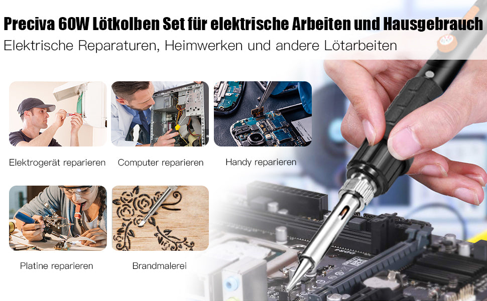 Lötkolben Set, Preciva 60W Lötkolben mit Temperatur Einstellbar 220-480°C, 5 Stk. Lötspitzen, Entlötpumpe, Lötkolbenständer, bleifrei Lötdraht, Lötset