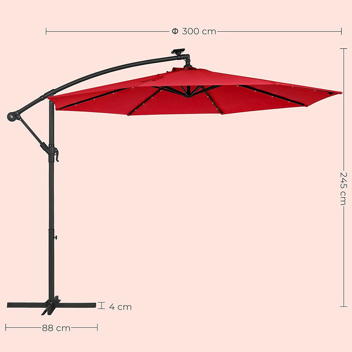 Sonnenschirm mit LED-Solar-Beleuchtung, Ampelschirm, Gartenschirm, 32 LED-Lämpchen, Ø 3 m, mit Ständer, UV-Schutz bis UPF 50+, mit Kurbel