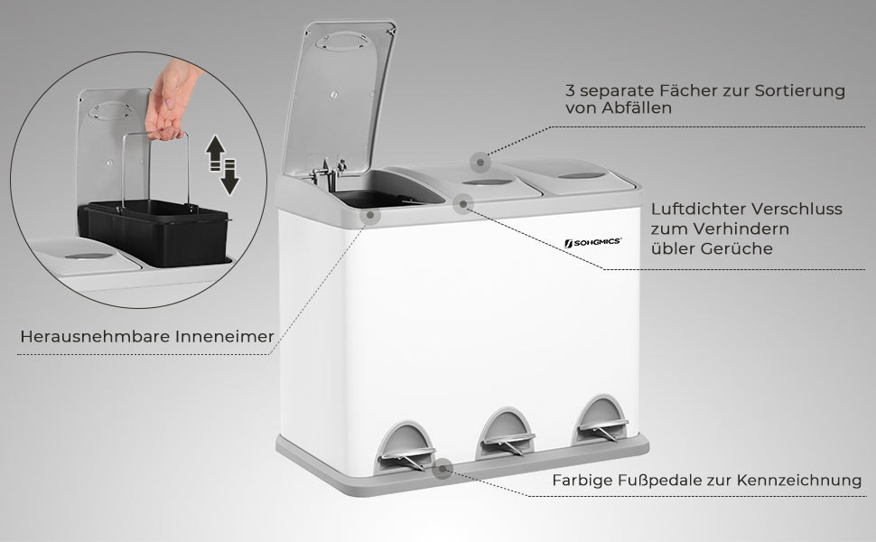 Mülleimer für die Küche, Treteimer aus Metall, 3-in-1 Abfalleimer, 24 Liter, Mülltrennung, Mülltrennsystem, einfach zu reinigen, Stahl, weiß-grau