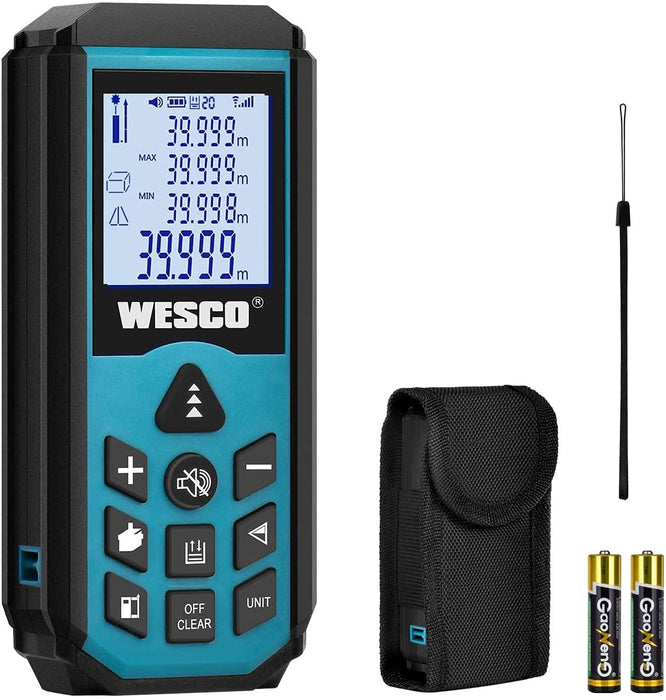 Laser Entfernungsmesser, WESCO Distanzmessgerät, Messbereich 0.03~40m/±1.5mm, Messeinheit M/In/Ft, 20 Datenspeicherfunktion, Automatische Berechnung