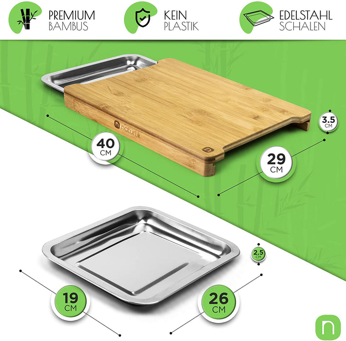 Schneidebrett aus hochwertigem Bambus | 2 ausziehbare Auffangschalen aus Edelstahl | Praktische Küchenhilfe | Schneidebrett Holz