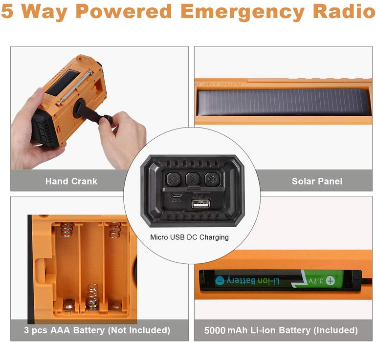 Tragbare Solar Radio, Notfall Radio mit Kurbel, Dynamo Wetter AM/FM/SW Radio,5000mAh Wiederaufladbare Powerbank, USB-Handy-Lader, Taschenlampe (Gelb)