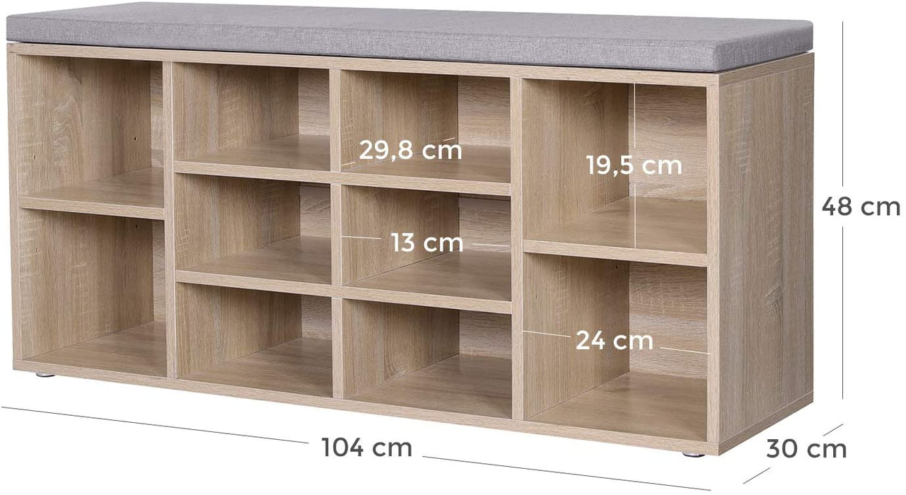 Schuhbank, Schuhregal, Schuhaufbewahrung, Sitzbank, 10 Fächer, mit Polsterung, für den Eingangsbereich, Flur, Schlafzimmer, 104 x 30 x 48 cm Holzoptik