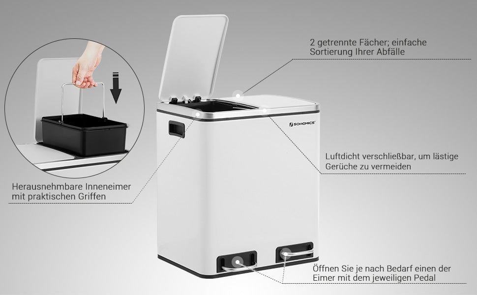 Mülleimer für die Küche, 30 L, Mülltrennung, Abfalleimer aus Metall, Treteimer mit Inneneimern und Griffen, Mülltrennsystem, 2 x 15 Liter, Softclose