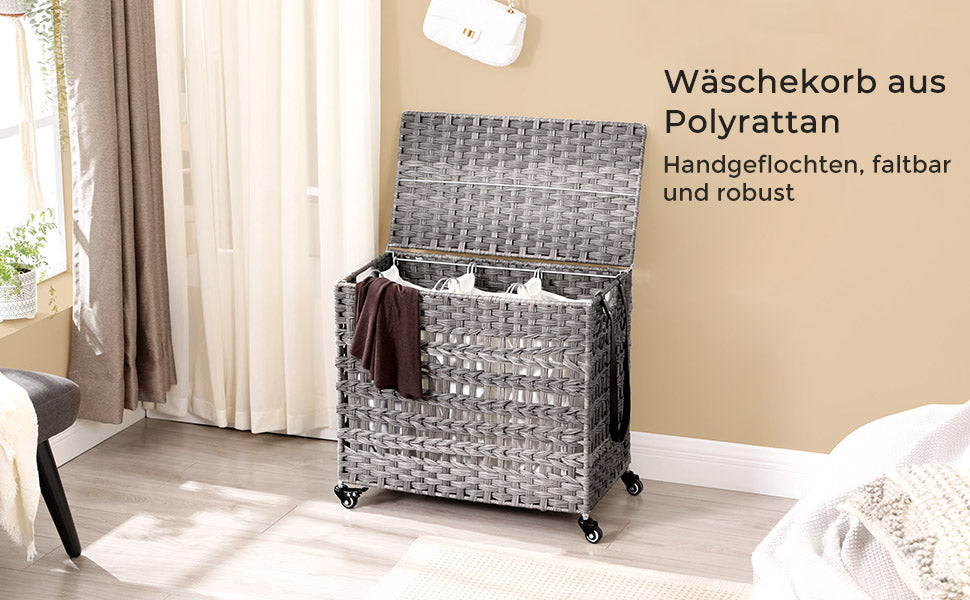 Wäschekorb handgeflochten, Wäschesammler aus Polyrattan, mit 3 Fächern, Deckel und Griffen, herausnehmbare Taschen, Wohnzimmer, Schlafzimmer