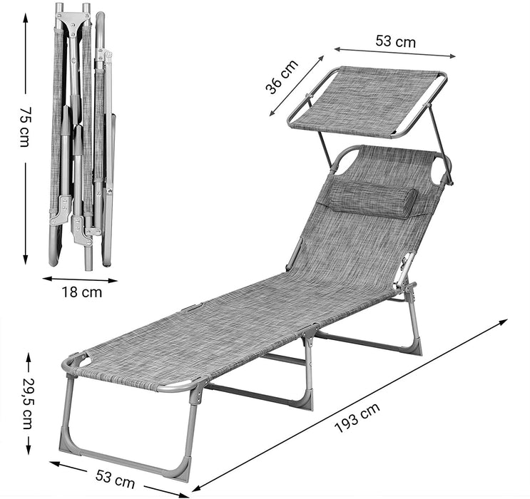 Sonnenliege, Liegestuhl, Gartenliege, mit Kopfstütze und Sonnendach, Rückenlehne verstellbar, leicht, klappbar, 53 x 193 x 29,5 cm, bis 150 kg