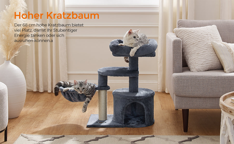 Kratzbaum, Kleiner Katzenbaum, mehrstufig, 68 cm, rauchgrau