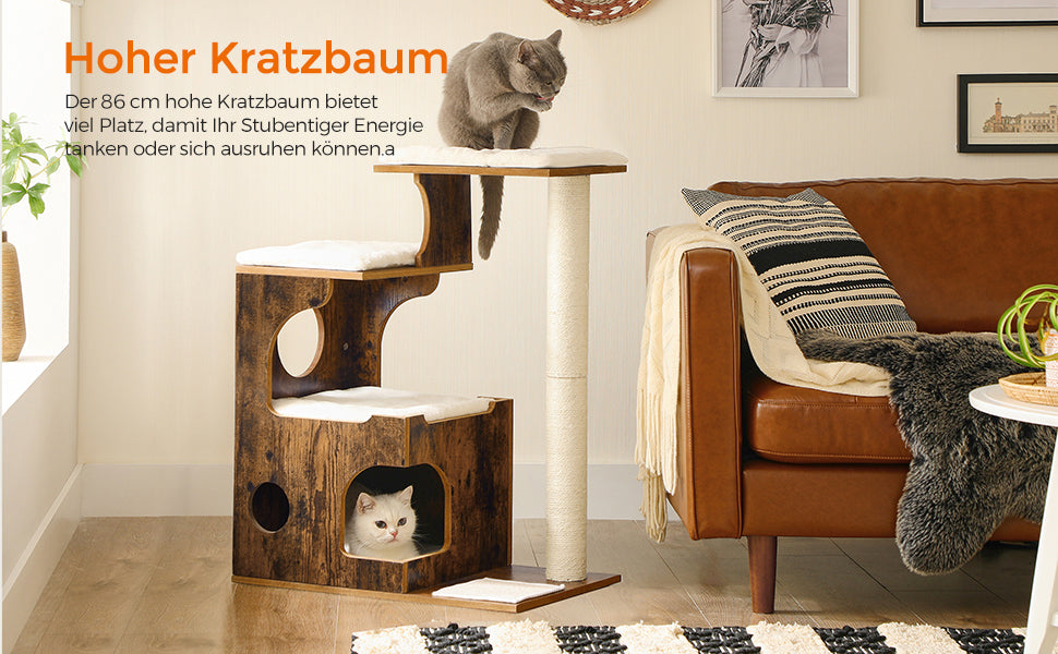 Kratzbaum 86 cm, mittelgroßer Katzenkratzbaum mit 3 Liegeflächen und Höhle, Katzenbaum aus MDF mit Holzfurnier, Sisalstamm, waschbare Auflagen