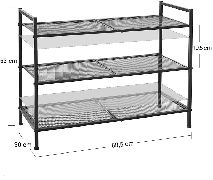 Schuhregal mit 3 Ablagen, Schuhablage, stapelbar, Schuhaufbewahrung, für 9-12 Paar Schuhe, Schuhständer aus Metall, Flur, Wohnzimmer oder Badezimmer