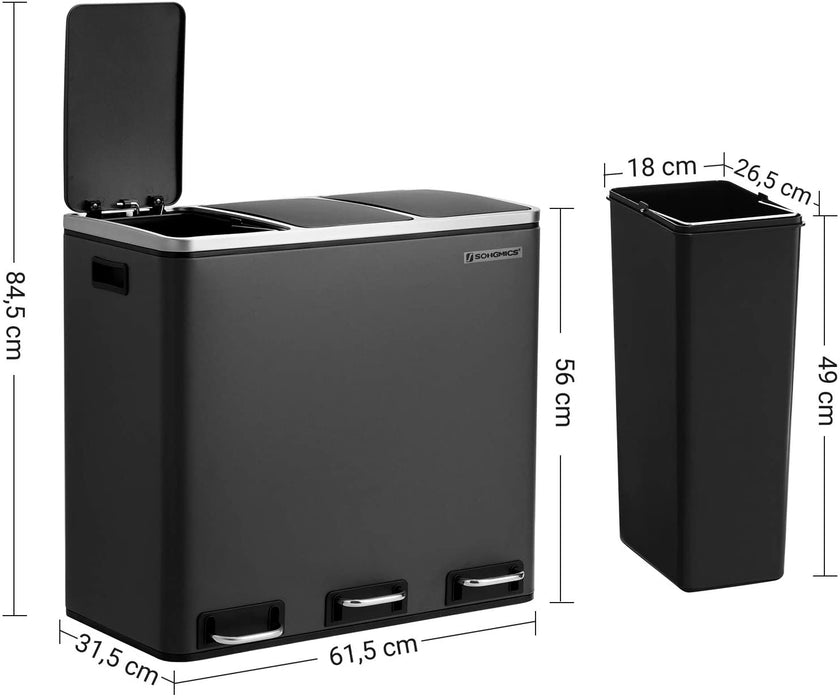 Mülleimer für die Küche, Mülltrennsystem, 3 x 18 L, Treteimer mit 3 Fächern, Abfalleimer, Softclose, mit Fußpedalen, Inneneimern aus Kunststoff