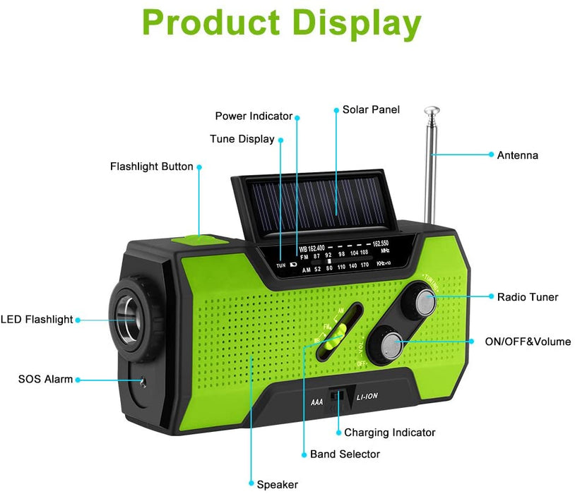 Kurbelradio mit Handyladefunktion Solar, FORNORM Tragbares Notfallradio Powerbank mit Taschenlampe und USB Ladegerät, AM/FM/NOAA, 4 Modi Aufladen, SOS Alarm für Wandern Camping Ourdoor, Grün