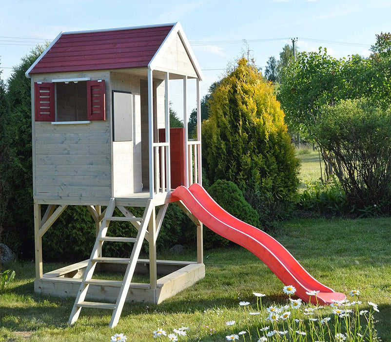 Spielhaus Garten Holz | Holzspielhaus Kinder Garten | Spielturm Garten Holz | Outdoor Spielzeug Kinder Rutsche Sandkasten und Tafel Gartenhaus Holz