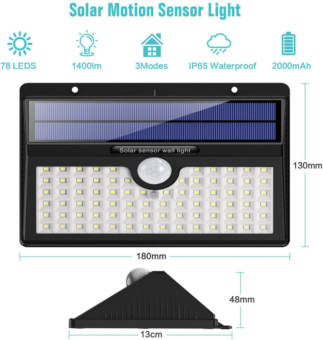 Solarleuchte für Außen, [2 Stück] HETP 78 LED Solarlampe Außen 180° Superhelle Solarleuchte mit Bewegungsmelder Sicherheitswandleuchte 3 Modi