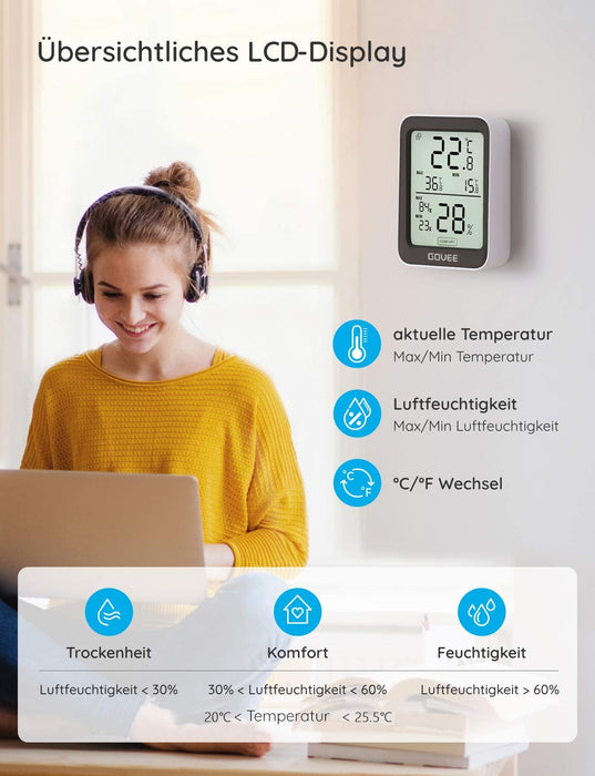 Thermometer Hygrometer, Mini LCD Digital mit Benachrichtigungs Alarm, Hygrometer Temperatur mit APP, Datenspeicherung für Gewächshaus Weinkeller