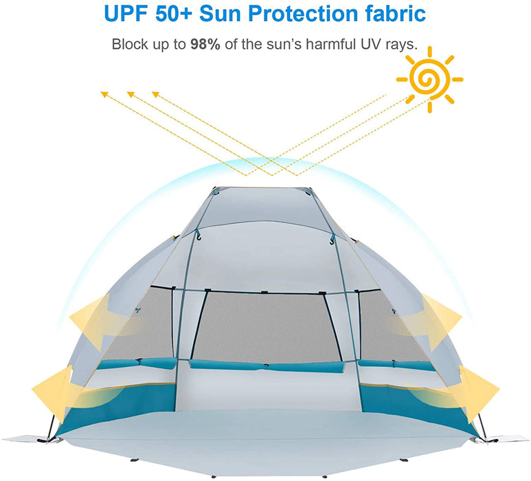 Schnellaufbau 2-3 Personen Strandmuschel, UPF 50+ UV Schutz Baby Familien Koffer Strandzelt Sonnenschirm Kleines Packmaß Tragbar Blau